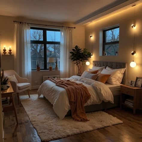 Simple Comfy Bedroom Ideas, Twinkly Lights Bedroom Ideas, Soft Lights In Bedroom, Apartment Bedroom Decor For Couples Cozy, Husband And Wife Room Ideas Master Bedrooms, Soft Lighting Apartment, Cozy Bedroom Couple, Warm Lights Living Room, Low Lighting Bedroom