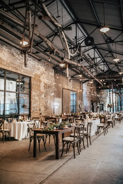 Modern Warehouse Wedding, Modern Industrial Wedding Dress, City Loft Wedding, Fall Warehouse Wedding, Warehouse Venue Industrial Chic, Wedding Venues Minneapolis, Industrial Wedding Drapery, Loft Style Wedding, Industrial Modern Wedding Decor