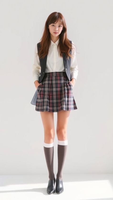 <p>Styling Tips: Pairing a Short Plaid Skirt with a Fitted White Blouse and Knee-High Socks … </p> High Sock Outfits, Short Plaid Skirt, Fitted White Blouse, Teenage Romance, Sock Outfits, Evolution Of Fashion, Plaid Skirt, Knee High Socks, Plaid Skirts