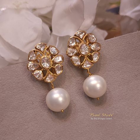 Phool studs in moissanite polki Polki Earrings Studs, Gold Jumkas, Desi Jewellery, Engagement Jewellery, Fashion Jewelry Necklaces Gold, 22 Carat Gold Jewellery, Crawler Earrings, Ear Cuff Jewelry, Ear Crawler