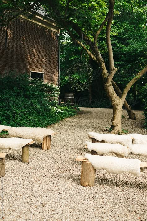 "Wooden Benches With Sheepskin For Small And Intimate Wedding Ceremony Outdoors" by Stocksy Contributor "Melissa Milis Photography" Wedding Benches Seating, Bench Seating Wedding, Wedding Bench Seating, Wedding Ceremony Benches, Living Room Wedding Ceremony, Ceremony Benches, Outdoor Ceremony Seating, Outdoor Wedding Seating, Wedding Bench