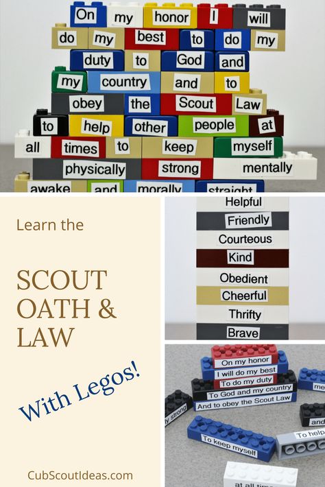 Use Legos to help Cub Scouts learn the Scout Oath and Law! Easily create puzzles using Legos and a labeler that are useful for several different games. Boyscout Activities, Scout Oath And Law, Cub Scout Oath, Lion Scouts, Gathering Games, Scout Oath, Scouts Activities, Cub Scout Games, Scouts Camping