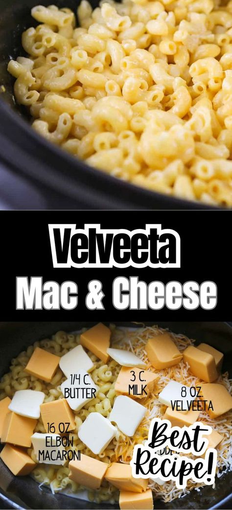 Collage of closeup shot of crock pot full of mac and cheese at top and overhead shot of crock pot with mac and cheese ingredients at bottom. Best Crockpot Mac And Cheese Recipe Velveeta, Crock Pot Mac And Cheese No Boil, Crock Pot Mac And Cheese Velveeta Easy, Crock Pot Macaroni And Cheese Velveeta, Velvets Crockpot Mac And Cheese, Quick Crockpot Mac And Cheese, Creamy Mac And Cheese Recipe Crockpot Velveeta, Mac And Cheese Crockpot Velveeta, Velvetta Mac And Cheese Recipe Crockpot