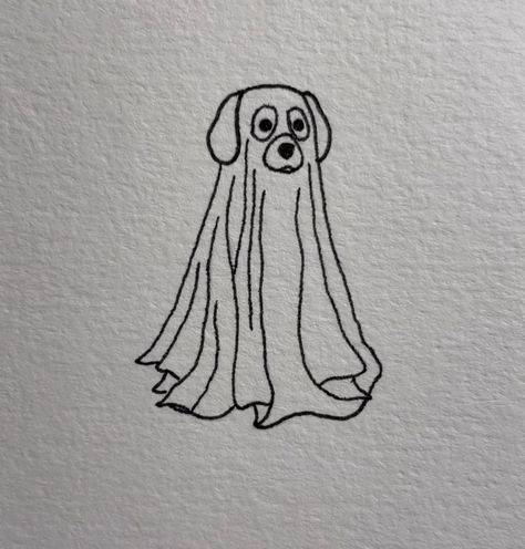 Animal Ghost Tattoo, Sheet Ghost Dog Tattoo, Bear Ghost Tattoo, Spooky Dog Drawing, Dog In Ghost Costume Drawing, Dog Halloween Tattoo, Ghost Animal Tattoo, Ghost Walking Dog Tattoo, Cute Halloween Flash Tattoo