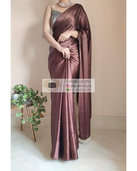 SATIN SAREES – Page 4 – kreationbykj Blouse Designs For Plain Sarees, Satin Saree Look, Satin Saree Party Wear, Plain Saree With Designer Blouse, Blouse Sleeves Design, Plain Silk Saree, Brown Saree, Satin Sarees, Satin Silk Saree