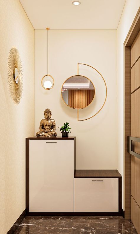 Beige Foyer Design With Buddha Statue Flat Entrance Lobby Design, Foyer Design Modern Entrance, Entrance Lobby Design, Entrance Foyer Design, Foyer Ideas Entryway, Decor Entrance, Lobby Furniture, Lobby Interior Design, House Interior Design Styles