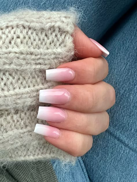 Medium Nails Ombre, Medium Square Ombre Nails, Ombre Nail Square, French Manicure Nails Ombre, Coffin Acrylic Nails Pink And White, Pink And White Ombre Acrylic Nails Long, Medium Coffin Shape Nails Ombre, Square Vs Coffin Acrylic Nails, Short Square Acrylic Nails Pink And White Ombre