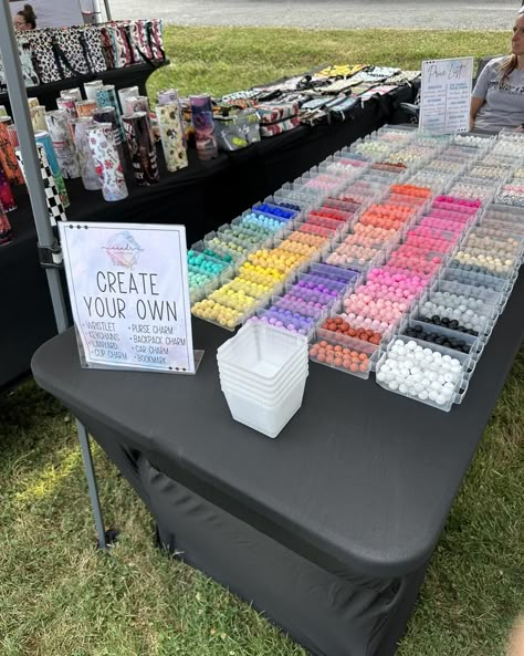 We are all set up for our first Vendor Event!! Come create your own wristlet, keychains, etc. At our custom bead bar!! Come check us out at 2854 Goose Gap Road Sevierville TN Craft Fair Displays Keychains, Car Charm Vendor Display, Bead Bar Display, Bow Vendor Display, Spring Craft Show Ideas, Bead Car Charm, Boutique Items To Sell, Bead Vendors, Boutique Jewelry Display