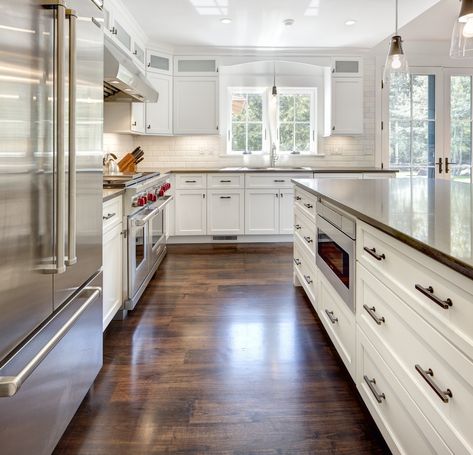 Custom Stained Black Walnut Flooring — Oak and Broad Walnut Wood Flooring, Black Walnut Flooring, Modern Farmhouse Black, Walnut Wood Floors, Walnut Flooring, Black White Kitchen, Beautiful Bathroom Designs, Kitchen 2021, Walnut Floors