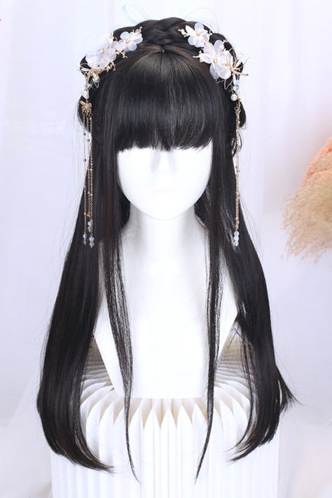 SKU: LIN02015 Fabric: High Temperature Wire Season: Spring, Summer, Autumn, Winter Include: Wig*1 (Any of the accessory is not included.) Length: 65cm Retro Hairstyles For Long Hair, Black Wig Hairstyles, Cute Wigs, Black Hair Wig, Hairstyles Wig, Harajuku Wigs, Black Hair Wigs, Hanfu Hairstyles, Chibi Hair