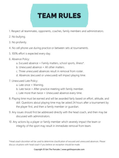 Volleyball Team Rules from Get The Pancake. Free download here: http://getthepancake.com/team-rules-a-free-printable-for-your-club-team/   #volleyball #sports #team #rules Rules For Volleyball, Cheer Rules And Expectations, Cheer Team Rules, Volleyball Rules For Beginners, Basic Volleyball Rules, Cheerleader Rules, Team Building Volleyball Drills, Cheerleading Rules And Expectations, Softball Team Rules