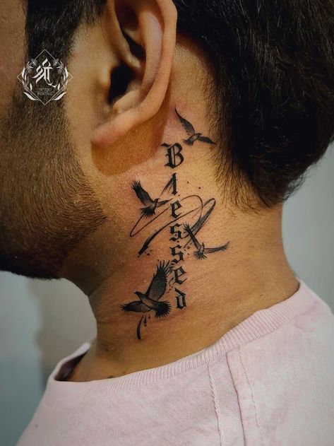 Neck tattoo _ blessed tattoo done at @shreetattoos (1) Cursive Neck Tattoo Men, Small Mens Neck Tattoos, Blessed Neck Tattoo Men, Neck Tattoo With Name, Unique Neck Tattoos For Men, Small Side Neck Tattoo, Birds Neck Tattoo, Neck Tattoo For Guys Men, Male Neck Tattoos