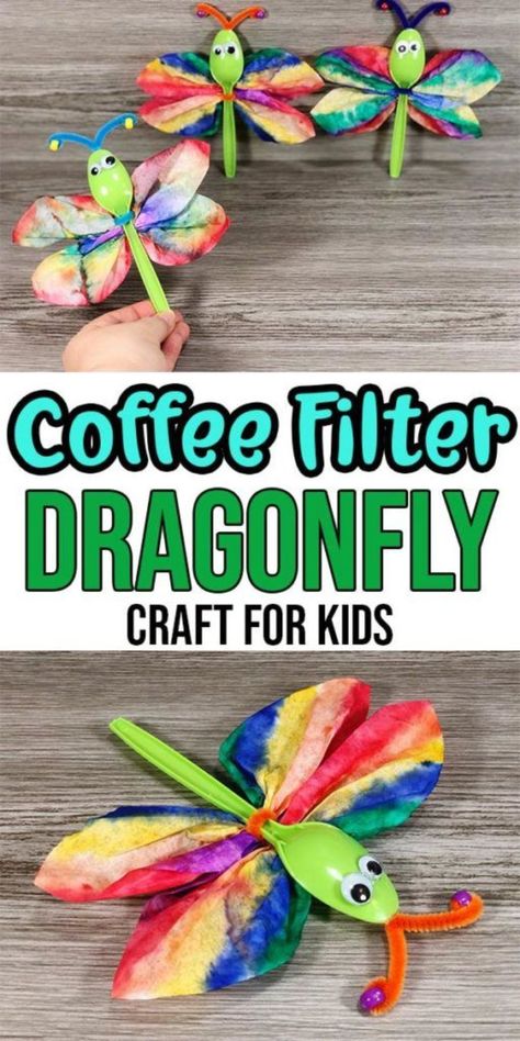 This Coffee Filter Dragonfly makes a great summer craft for kids. I love easy crafts for kids and this one uses a few basic craft supplies. Create colorful dragonflies by tie dyeing coffee filters with washable markers and using plastic spoons. Great activity for toddlers, preschoolers, and older kids. Easy boredom busting activity for kids. Bug Experiments For Kids, Dragonfly Crafts For Toddlers, Magnified Vbs Crafts, Magnified Vbs 2025 Crafts, Nature Themed Crafts For Kids, Toddler Bug Activities, Vbs 2025 Magnified Crafts, Bug Art For Toddlers, Fair Crafts For Kids