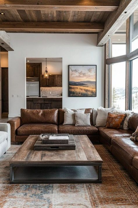 Comfy Leather Couch Living Room, Rustic Western Interior Design, Montana Inspired Living Room, Western Modern Interior, Modern Farmhouse Brown Leather Couch, Western Cabin Living Room, Western Contemporary Living Room, White Western Living Room, Lodge Interior Design Living Room