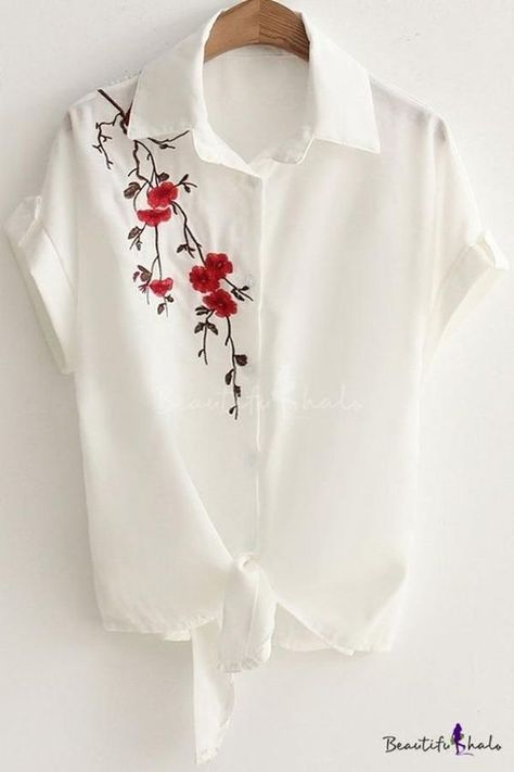 Moda anti-idade: Camisa feminina com manga curta ⋆ De Frente Para O Mar Fabric Paint Shirt, Clothes Embroidery Diy, Fancy Shirt, Fabric Painting On Clothes, Hand Painted Dress, Paint Shirts, Kurti Embroidery Design, White Linen Shirt, T Shirt Painting