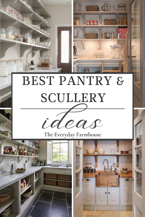 Farmhouse Kitchen Pantry Cabinet, Scullery Storage Ideas, Scullery Organization Ideas, Butler Pantry Storage, Butler Pantry Remodel, Cool Pantry Door Ideas, Modern Farmhouse Kitchen Pantry, French Country Butlers Pantry, Kitchens With Walk In Pantry