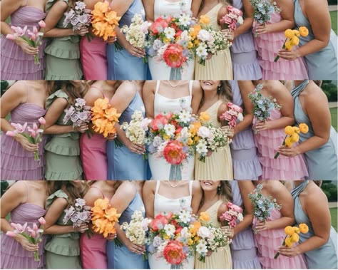 Wildflower Colored Bridesmaid Dresses, Wildflower Wedding Palette Color Schemes, Wildflower Wedding Bridesmaids Color Schemes, Muted Colorful Wedding, Different Color Bridesmaids, Wildflower Wedding Bridesmaids, Multi Colored Bridesmaid Dresses, Bridal Party Colours, Pastel Wedding Theme