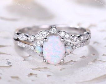 Fire Opal Engagement Ring Vintage Opal Diamond Ring Rose Gold - Etsy Canada Opal Diamond Engagement Ring, Opal Wedding Ring Set, White Opal Engagement Ring, Wedding Ring Sets Vintage, Opal Engagement Ring Set, Opal Ring Vintage, Rose Gold Opal Ring, October Birthstone Jewelry, Dainty Engagement Rings