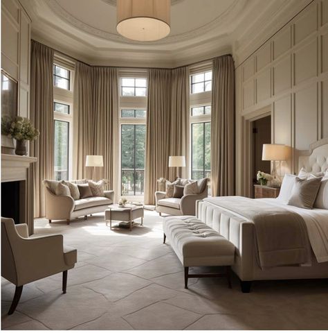 Grand Bedroom Ideas, Classic Room Decor Bedroom, French Villa Interior Bedroom, Luxury Bedroom Master With Bay Window, Vintage Master Bedrooms, Bedroom In Mansion, Luxury Bedroom Master Luxurious Bedrooms Master Modern, Classic Master Bedrooms Decor, Modern Classic Interior Bedroom