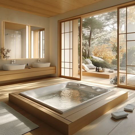 Indulge in the simplicity and tranquility of a minimalist Japanese bathroom. With natural materials and a soaking tub, this design offers a spa-like retreat in your own home. #JapaneseBathroom #MinimalistDesign #SpaLiving #ZenHome Japanese Home Bathroom, Japanese Bathtub Soaking Tubs, Japanese Bath House Traditional, Onsen Aesthetic, Asian Style Bathroom, Bathtub Japanese, Concrete Hot Tub, Modern Japanese Bathroom, Japanese Soaking Tub Shower Combo