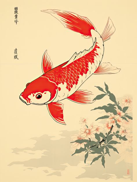 Vintage Japanese Koi Fish T-shirt Tradition Japanese Art, Japanese Art Prints Illustrations, Chinese Koi Fish Art, Traditional Japanese Koi Fish Art, Japanese Fish Painting, Japanese Design Aesthetic, Japanese Art Animals, Japanese Koi Fish Drawing, Koi Line Art