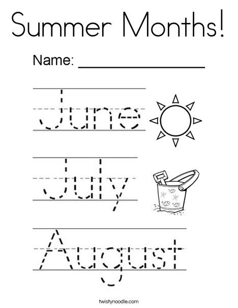 Summer Months Coloring Page - Twisty Noodle Months Of The Year Worksheet Preschool, Months Worksheet For Kids, Months Worksheets For Grade 1, Summer Worksheets For Kids, Months Of The Year Worksheet For Grade 1, Months Of The Year, Months Of The Year Tracing Worksheet, Calendar Worksheets, Seasons Preschool