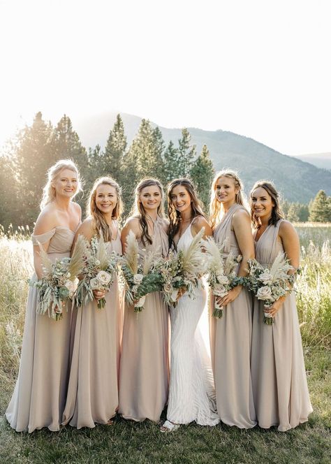 Taupe Bridesmaid, Taupe Wedding, Taupe Bridesmaid Dresses, Convertible Bridesmaid Dress, Wedding Party Outfits, Birdy Grey, Bridesmaids Photos, Mountain Bride, Montana Wedding