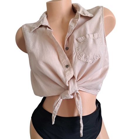 Women's Sleeveless Button Down Tie Front Knot Crop  Shirts Mode Clothes, Knot Button, Knot Crop Top, Tree Tops, Tie Knots, Top Knot, Crop Shirt, Pocket Size, 90s Fashion