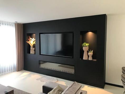 Black And White Living Room Media Wall, Black Background Tv Wall, Black And Grey Media Wall, Living Room Media Wall Black, Tv Recessed In Wall, Dark Blue Media Wall, Tv Unit Design Modern Black, Tv Surround Ideas Tv Walls, Black Media Wall