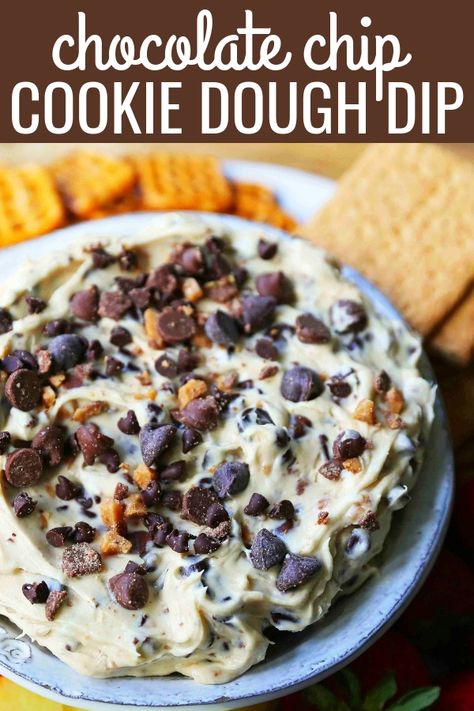 Chocolate Chip Cookie Dough Dip. A sweet cream cheese dip with chocolate chips and chocolate covered toffee bits. Perfect for parties and potlucks and always a crowd favorite! www.modernhoney.com #cookiedoughdip #chocolatechipdip #creamcheesedip #cookiedoughdip #chocolatechipcreamcheesedip #sweetappetizers Egg Free Chocolate Chip Cookies, Chocolate Chip Cookie Dough Dip, Cookie Dough Dip Recipe, Chocolate Chip Dip, Cookies Dough, Cookie Dough Dip, Sweet Dips, Cream Cheese Dips, Cookie Dough Recipes