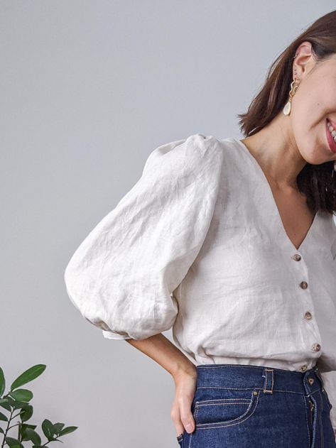 Linen Shirt Pattern, Linen Top Women, Linen Fashion, Handmade Wardrobe, Not Love, Diy Sewing Clothes, Linen Blouse, Mode Inspo, Puffy Sleeves