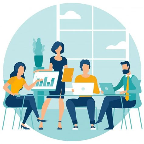 Shared working environment illustration. | Premium Vector #Freepik #vector #business #people #design #technology Office Illustration, Leadership Workshop, Environment Illustration, Coworking Office, Flat Design Illustration, Office Workspace, Working Space, Messaging App, Coworking Space