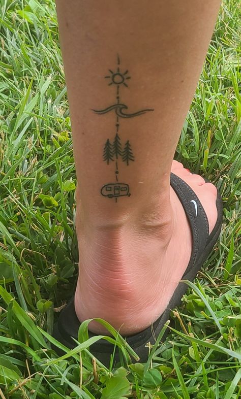 Sun And Trees Tattoo, Caravan Tattoo Ideas, Small Camper Tattoo, Lake Tattoo Ideas Simple, Camping Theme Tattoo, Sun Tree Tattoo, Camper Tattoo Ideas, Camper Tattoos, Camping Tattoo For Women