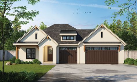 European one-story design, 4 bed, 3 bath, 2613 sq ft European Plan, Transitional Exterior, Shed Dormer, European House Plan, Garage Apartments, Stucco Exterior, Extra Bedroom, Design Basics, Plan Book