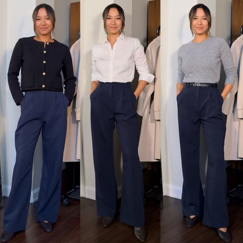 3-3-3 Challenge: Workwear Edition - LIFE WITH JAZZ Navy Blue Formal Outfits For Women, Navy Pleated Pants Outfit, Navy Tailored Pants Outfit, Blue Tailored Pants Outfit, Navy And Gray Outfit, Styling Navy Blue Pants, Navy Blue Trousers Outfit Women Classy, Blue Slacks Outfit, Navy Pants Outfit Women