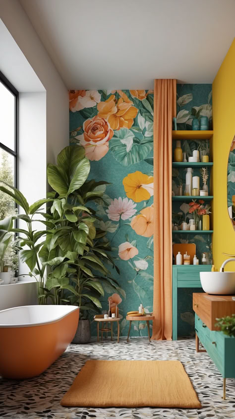 Refresh Your Bathroom with Dopamine Decor Bathroom Ideas - Shark Printables Water Theme Bathroom, Colorful Tropical Bathroom, Guest Bathroom Maximalist, Magical Bathroom Ideas, Small Bathroom Funky Decor, Pink Orange Green Bathroom, Dopamine Decor Bathroom, Dopamine Bathroom, Cute Bathroom Ideas Aesthetic