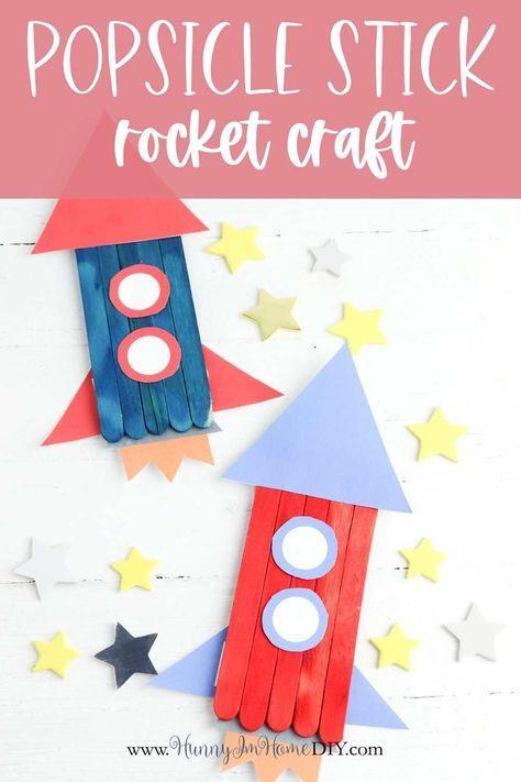 This cute rocket craft for kids is the perfect summer activity for kids in preschool or kindergarten. It's an easy popsicle stick craft that your kids can make in the classroom, at home, or at summer camp! Learn how to make your own space ship using craft sticks and a printable template. Your kids will have a blast playing with this fun DIY project as they learn about space and rockets. Easy Space Themed Crafts, How To Make A Rocket Ship, Rocket Preschool, Rocket Ship Craft, Craft Stick Projects, Sticks Crafts, Cute Popsicle, Popsicle Stick Ornaments, Popsicle Stick Art