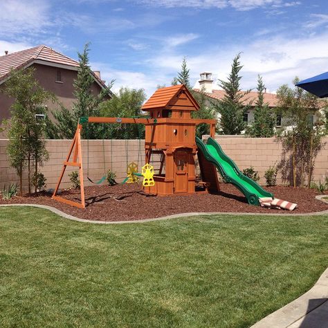 How to Landscape Under a Swing Set #HelpfulHowTos #McCabesLandscape #Swingset Backyard Playground Ideas, Playground Ideas Backyard, Playground Ideas For Kids, Playground Landscaping, Backyard Playset, Kids Backyard Playground, Play Area Backyard, Backyard Kids Play Area, Backyard Swings