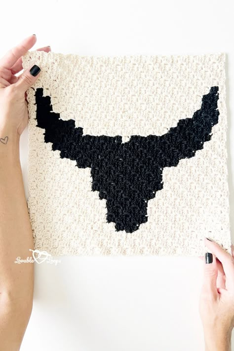 Longhorn Crochet Pattern, Crochet Longhorn, C2c Heart, Easy Crochet Patterns For Beginners, Corner To Corner Crochet Pattern, C2c Crochet Pattern Free, C2c Crochet Pattern, Corner Crochet, Longhorn Cow