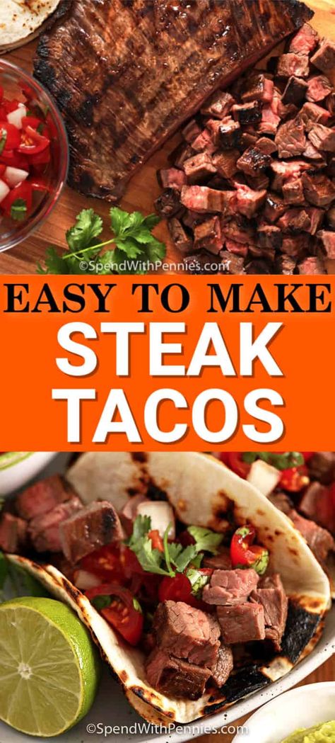 Steak Tacos can be made with any type of steak, including flank or skirt steak or even leftover steak. Marinate or season and grill for delicious Mexican style tacos! #spendwithpennies #steaktacos #maindish #mexican #grilled #streettacos Easy Steak Tacos, Steak Taco Seasoning, Grilled Steak Tacos, Leftover Steak Recipes, Steak Taco Recipe, Flank Steak Tacos, Pork Carnitas Recipe, Skirt Steak Recipes, Leftover Steak