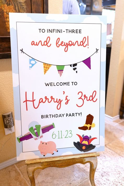 Third Toy Story Birthday, Buzz Lightyear Birthday Party 3, Buzz Birthday Party Ideas, Three Toy Story Birthday, 3rd Toy Story Birthday, 3 Year Birthday Theme Toy Story, Buzz Lightyear Third Birthday Party, 3 Year Birthday Toy Story, Three Year Old Toy Story Birthday