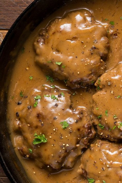 Easy Hamburger Steak With Brown Gravy Recipe 1 Hamburger Steak With Country Gravy, Hamburger Steaks With Brown Gravy Crockpot, Brown Gravy And Rice, Deer Hamburger Steak, Brown Gravy Dinner Ideas, Hamburger Steak And Gravy Crockpot, Hamburger With Brown Gravy, Brown Hamburger Gravy, Hamburger Steaks In Crockpot