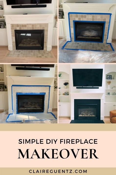 Fireplace Mantle Angled Wall, Chimney Tile Fireplace Makeovers, Ceramic Fireplace Makeover, Updating Mantle Fireplace Redo, Diy Redo Fireplace, Fireplace And Built Ins Makeover, Trailer Fireplace Makeover, Gas Fireplace Before And After, How To Make Fireplace Look Bigger