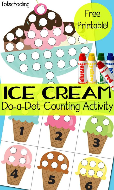 FREE ice cream themed printables to go along with Do-a-Dot markers. Practice counting, number recognition and one-to-one correspondence while decorating the ice cream cones and ice cream sundae. Ice Cream Activities, Dot Marker Printables, Ice Cream Crafts, Folder Activities, Summer Preschool, Ice Cream Theme, Do A Dot, Cvc Word, Folder Games