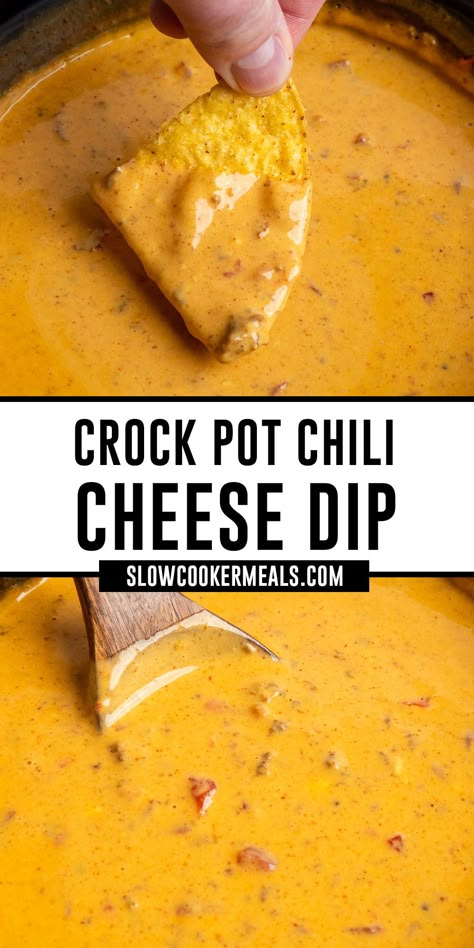 A chip being dipped in to chili cheese dip. Velveeta Chili Dip, Velvetta Cheese Dip, Crockpot Chili Cheese Dip, Velveeta Chili Cheese Dip, Hormel Chili Cheese Dip, Chilli Cheese Dip, Chili Cheese Dip Crockpot, Queso Dip Velveeta, Chili Queso Dip