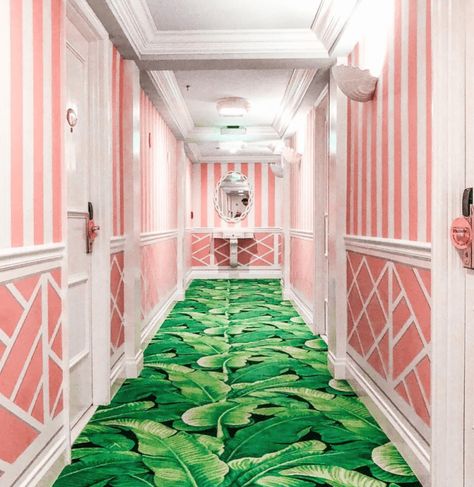 Palm Beach Bedroom, Patterned Flooring, Hotel Theme, Colony Hotel, Palm Beach Decor, Pink Hotel, Tropical Glam, Lilly Prints, The Colony Hotel