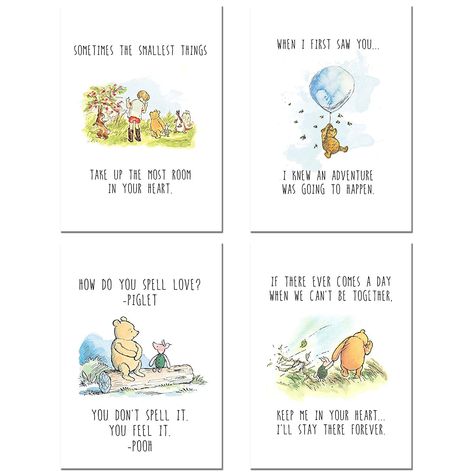 Amazon.com: Winnie the Pooh Classic Art Prints - Set of Four Wall Art Decor Photos Nursery Bedroom Playroom 5x7: Posters & Prints Disney Themed Rooms, Baby Shower Themes Neutral, Winnie The Pooh Themes, Winnie The Pooh Nursery, Nursery Pictures, Classic Art Prints, Winnie The Pooh Quotes, Pooh Quotes, Baby Sleep Problems