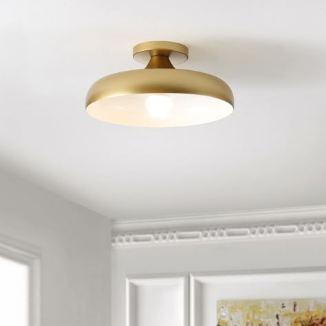 Alessia Gold And White Metal Semi Flush Mount Ceiling Light - World Market Flush Mount Ceiling Lights Dining Room, Brass Flush Mount Light Fixture, Flush Mount Over Island, Semi Flush Entryway Lighting, Gold Semi Flush Mount Light, Office Light Fixture Ceiling, Small Kitchen Ceiling Lights, Cottagecore Ceiling Light, Small Flush Mount Ceiling Lights