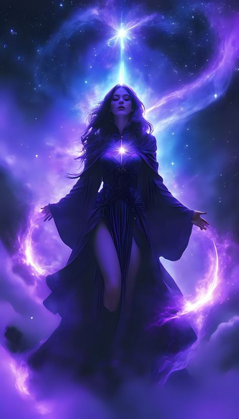 Fantasy Mage Aesthetic, Purple Magic Aesthetic, Cosmic Witch Aesthetic, Mage Aesthetic, Magical Women, Beautiful Witch, Magic Aesthetic, Witch Art, Fantasy Costumes