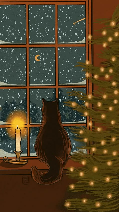 Cat Wallpaper Christmas, Christmas Cat Wallpaper, Christmas Lockscreen, Everyday Scenes, 달력 디자인, Winter Cat, Wallpaper Christmas, Winter Illustration, Cute Christmas Wallpaper